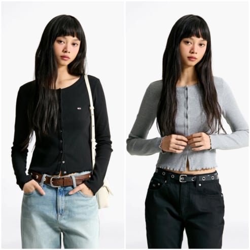 타미진스 여성 슬림 립 스냅 버튼 탑 T32F0TTO01TWT2 TOMMY JEANS