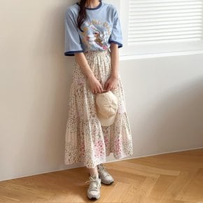 엔츠 봄 플라워 도트 티어드 캉캉 플레어 롱 스커트
