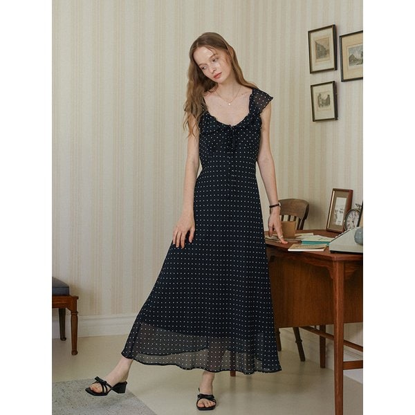 DD_Ribbon shirring dot dress_BLACK