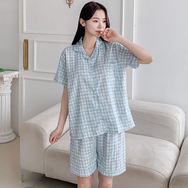 [옷자락] 여자 러블리 고양이 체크잠옷 포켓 반팔 반바지 세트