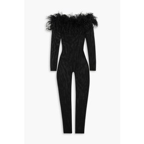 Off-the-shoulder feather-trimmed stretch-mesh jumpsuit 블랙 46376663162512889