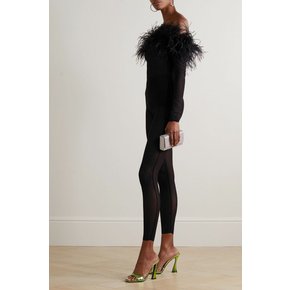 Off-the-shoulder feather-trimmed stretch-mesh jumpsuit 블랙 46376663162512889