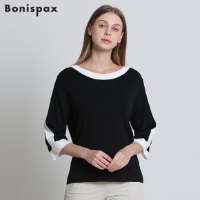 [보니스팍스(Bonispax)] 소매 컬러 배색 자수 니트 (택가격: 99000원)