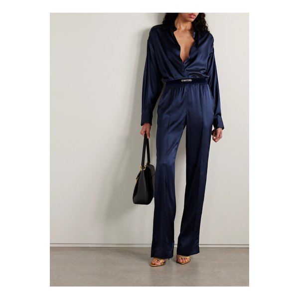 벨벳 트리밍 스트레치 실크 새틴 팬츠 네이비 46376663162862583