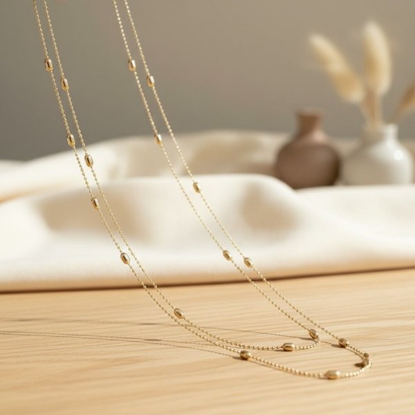 [옷자락] 여성 슬림 비즈 레이어드 스틸 목걸이