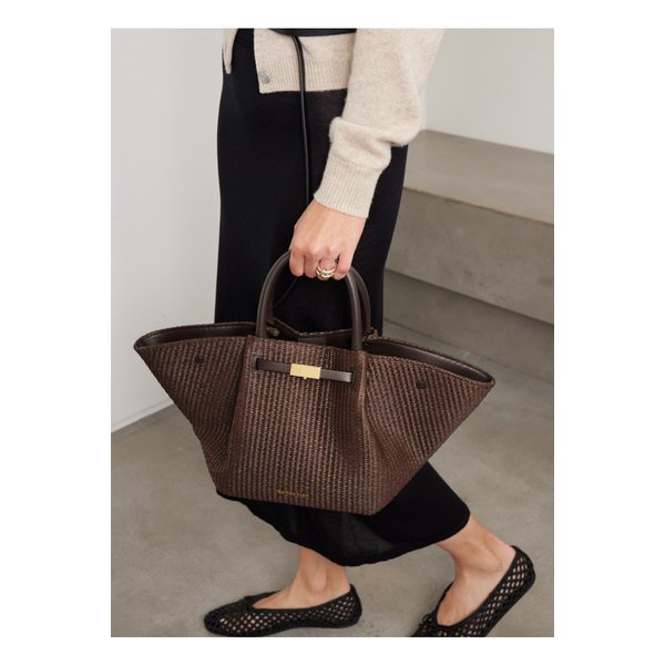 드멜리어 뉴욕 미디 가죽 트리밍 라피아 토트 다크 브라운 1647597357778887