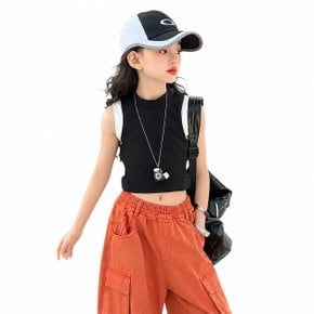 초등 여아 키즈 배색크롭 민소매 티셔츠
