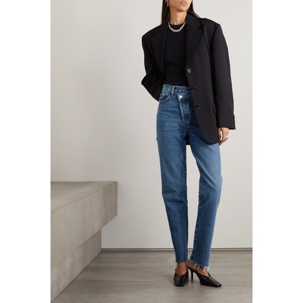 Criss Cross Frayed High-rise Straight-leg Organic Jeans 다크 데님