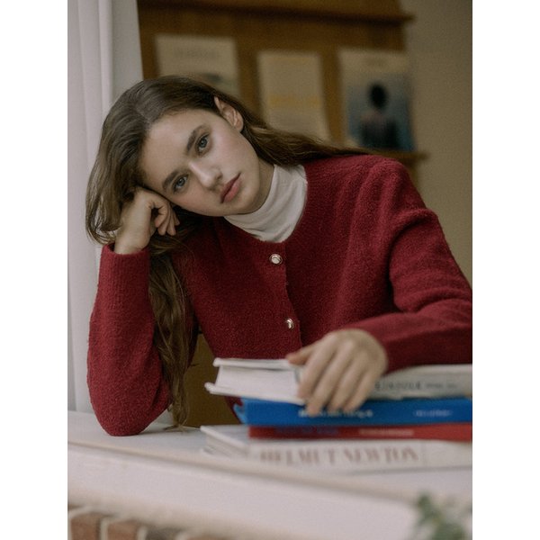 Boucle Puff Sleeve Cardigan Red AT5SWF023RD