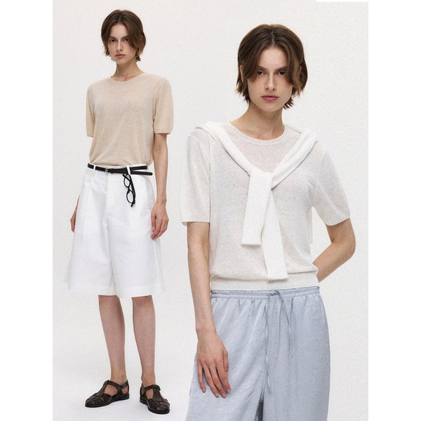 (우먼)실크 린넨 라운드 하프 니트 - 4 COLOR