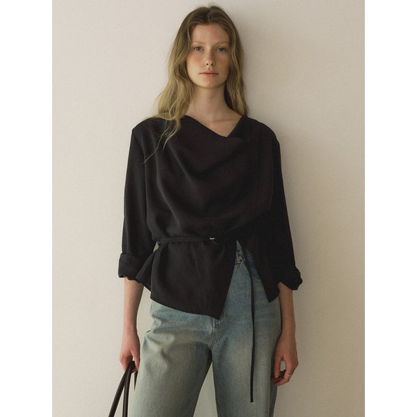 [단독] Cowl-neck belted blouse_Charcoal