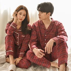 / 순면기모 트리 체크 겨울 커플 파자마 잠옷