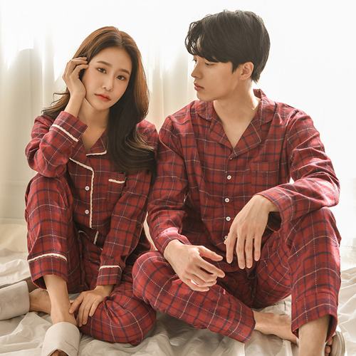 김양리빙 / 순면기모 트리 체크 겨울 커플 파자마 잠옷