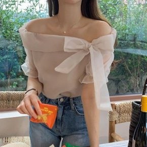 여자 봄 하객룩 오프숄더 리본 시스루 블라우스