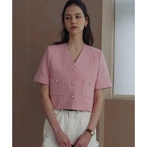 Collarless pearl button summer tweed jacket_Pink