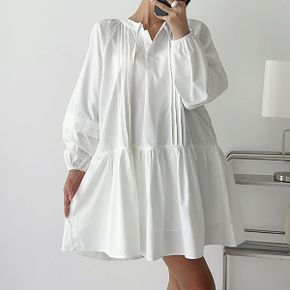 가을 간절기 로맨틱 플레어 미니 원피스 헨리넥 반오픈 리본 A라인 오버핏 긴팔.._P404105593