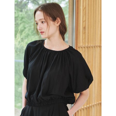 Nouve 링클 셔링 라운드 블라우스 - 블랙 / Wrinkle Shirring Round Blouse - Black