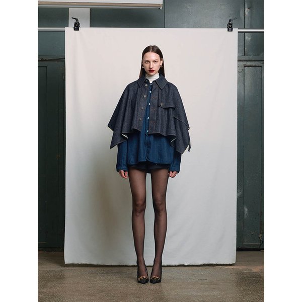 BLUE DENIM CROPPED TRENCH CAPE