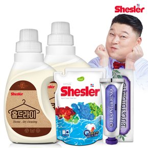 강호동의 쉬슬러 액상 세제 홈드라이전용 650ml 2개+세제리필 500ml 1개+잇몸케어 치약 100g 1개.