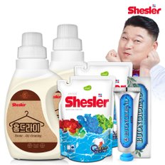 강호동의 쉬슬러 액상 세제 홈드라이전용 650ml 2개+세제리필 500ml 2개+치석케어 치약 100g 1개.