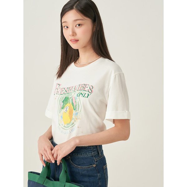 레몬 모티브 오버핏 반소매 티셔츠  화이트 (BF5742C071)