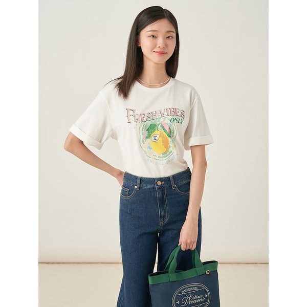 레몬 모티브 오버핏 반소매 티셔츠  화이트 (BF5742C071)