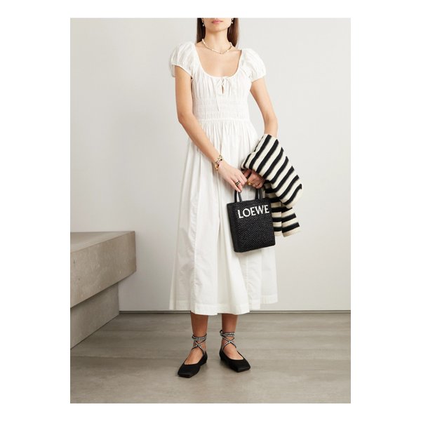 도엔 퀸 타이 디테일 셔링  코튼 포플린 미디 드레스 화이트 1647597328396750