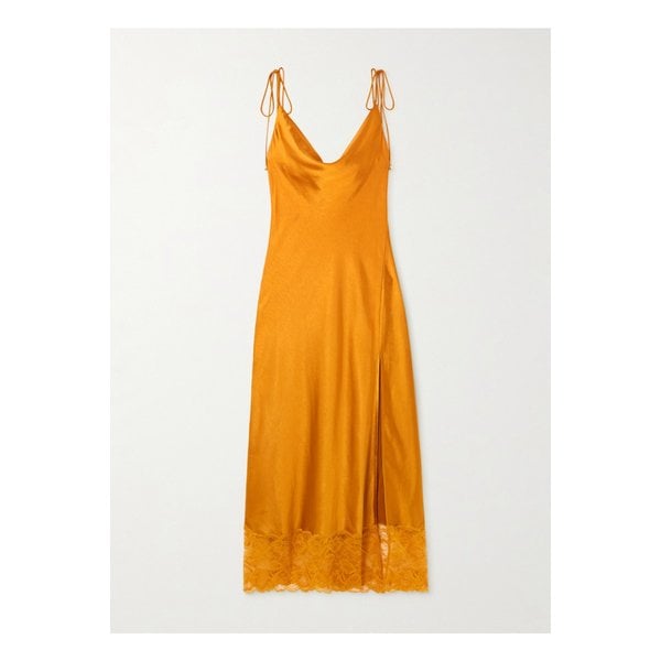 레이스 트리밍 새틴 미디 드레스 오렌지 46376663162842983