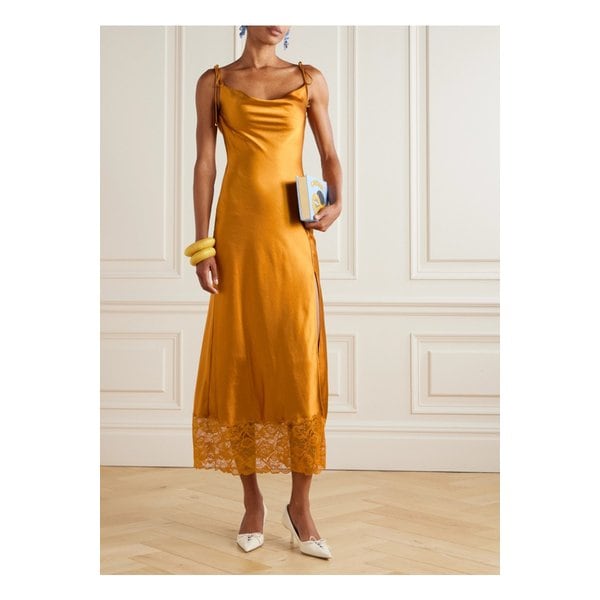 레이스 트리밍 새틴 미디 드레스 오렌지 46376663162842983