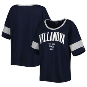 3841052 Champion Womens Navy Villanova Wildcats Jumbo Arch Striped Half-Sleeve T-Shirt