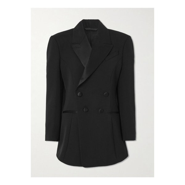 더블 브레스트 실크 혼방 새틴 트리밍 울 트윌 블레이저 블랙 1647597358089179