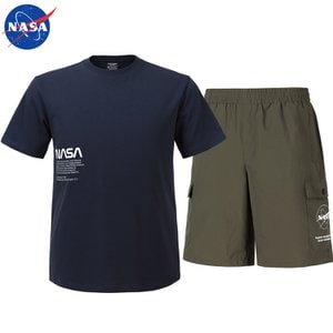 NASA 나사 남녀공용 면 라운드 반팔티+우븐 5부 반바지 상하세트 N-159UNV+N-056PDK 남자 여성 티셔츠 숏팬츠 여름바지 빅사이즈