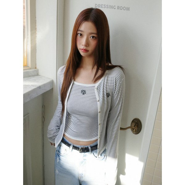 [SET] 스트라이프 배색 슬리브리스 가디건 세트