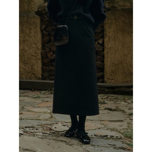 SERENE WOOL MAXI H-LINE SKIRT (BELT SET)_BLACK