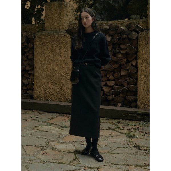 SERENE WOOL MAXI H-LINE SKIRT (BELT SET)_BLACK