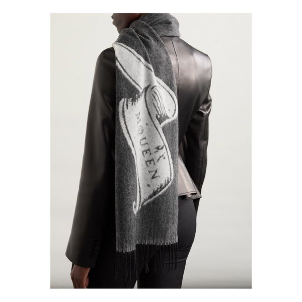 프린지 캐시미어 울 혼방 자카드 스카프 블랙 46376663162892196