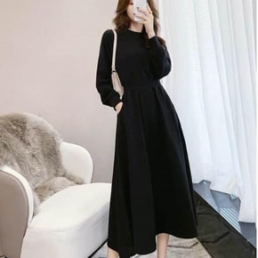 미니멀 여자 라운드넥 허리밴딩 저지 플레어 미디기장 원피스 심플