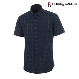 Roberta di Camerino 면100 체크 슬림핏 네이비 반소매 셔츠 RM2-254-9