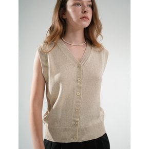 V-neck Button Knit Sleeveless Cardigan (Linen)