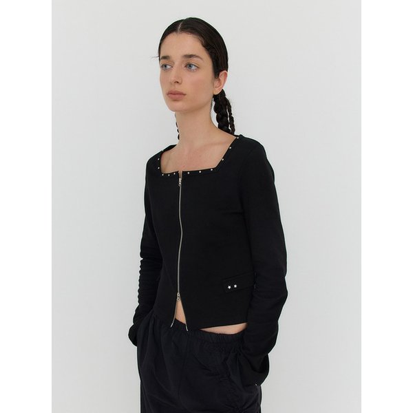 SOLID SQUARE-NECK ZIP-UP - BLACK