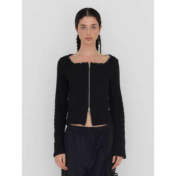 SOLID SQUARE-NECK ZIP-UP - BLACK