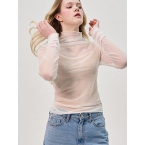 Sleeve Shirring See Through Turtlenect Top_White