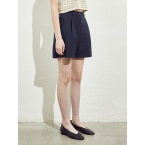 PLEATS LINEN HALF PANTS_NAVY