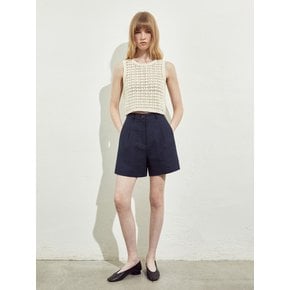 PLEATS LINEN HALF PANTS_NAVY