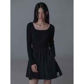 SQUARE NECK SLIM SHIRRING ONEPIECE_BLACK