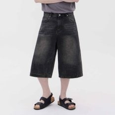 진마니아 남여공용 와이드 루즈핏 버뮤다 7부 흑청 청바지 데님 팬츠