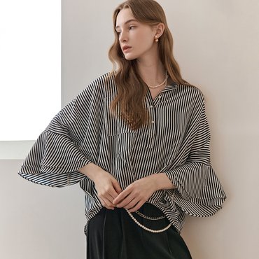 마쟈 스트라이프 핀턱 러플소매 루즈핏 블라우스 ZD06QB500ON