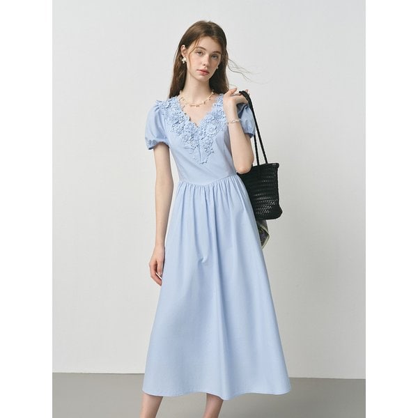 WD_Flower v-neck puff sleeve dress_BLUE