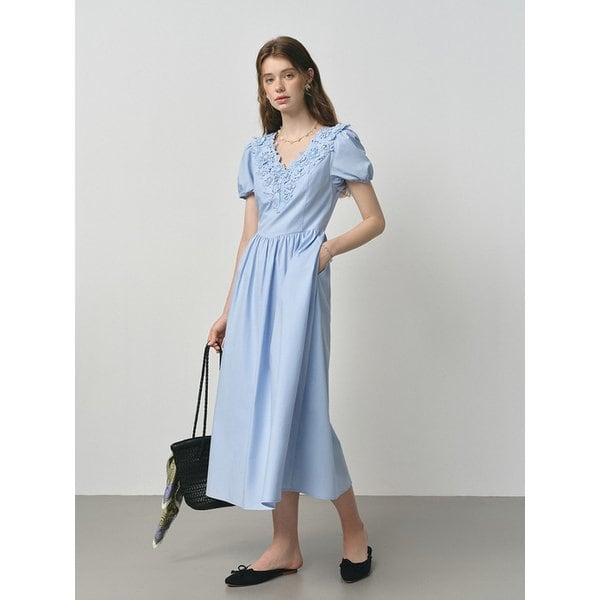 WD_Flower v-neck puff sleeve dress_BLUE