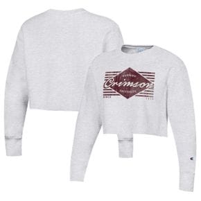 3650729 Champion Womens Heather Gray Harvard Crimson Reverse WeaveCropped Pullover Sweatsh